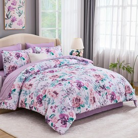 Floral Comforter Set King Size 7 Pieces Bed in a Bag, Purple Flower Watercolor Bed Set, Soft Comforter with Sheet Set 104"x90"