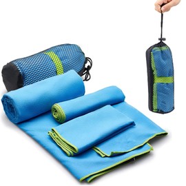 3 Pzas Toalla de Microfibra, Toalla Deportiva Súper Absorbente de Secado Rápido, Grande Toalla Suave, Ligera y Porátil, Toalla para Natación, Baño, Viajes, Gym, Deporte, Yoga, Playa con 1 Blosa (Azul)