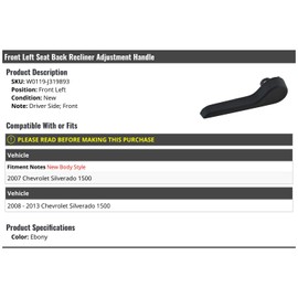 Marketplace Auto Parts Front Left Driver Side Seat Back Recliner Adjustment Handle - Compatible with 2007-2013 Chevy Silverado 1500
