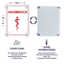 Hausbesuch Sign for Car with 4 x Suction Cups - House Visit Suction Cup Sign Car Sign Acrylic Sign for Windscreen 90 x 120 mm
