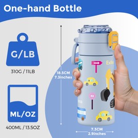 Exllena 400ml Stainless Steel Water Bottle Kids with Pop-Open Soft Straw & Spout 2-in-1 Lid, Kids Metal Water Bottle Leak Proof for Cold&Hot Drinks, BPA-Free, Ideal for Boys Toddler Girls(Car)