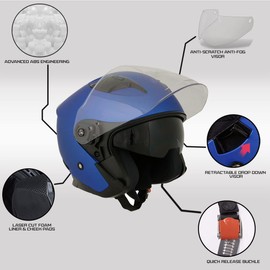 Milwaukee Helmets MPH9825DOT Shift Open Face 3/4 Blue Helmet Biker w/Drop Down Visor - Medium