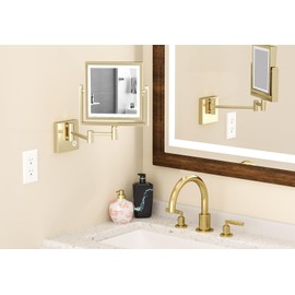 RECKODOR LED Lighted Makeup Mirror Wall Mounted Square, 1/3X Bathroom Magnifying Mirror Wall Mounted with Light, Touch Dimming, Rechargeable, PVD Zirconium Gold