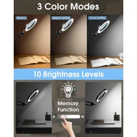 Honagu 5X Magnifying Glass with Light and Clamp, Adjustable LED Desk Lamp, 3 Color Modes Lighted, Magnifying Glass for Reading, Painting, Close Work, Repair, Crafts, Soldering, Manicure, Beauty(Black)