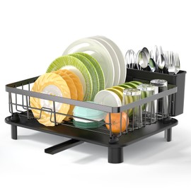 YUWENUS Dish Drying Rack, Space-Saving Dish Rack for Kitchen Counter, Anti-Rusty Stainless Steel Dish Drainer with Utensil Holder, escurridor de platos for Kitchen (Black)