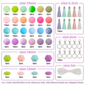 ZIFTY 200 Silicone Beads for Keychain Making Kit 24 Colors 12mm 15mm Focal Round 14mm Polygonal Beads with 20 Accessories Multiple Styles and Shapes for Pens Bracelet Making Kit, Jewelry Designs Gifts