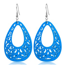 TIANBANGSHI Bohemian Wooden Earrings for Women Lightweight Vintage Hollow Teardrop Natural Wood Geometric Dangle Drop Earrings Jewelry (blue)