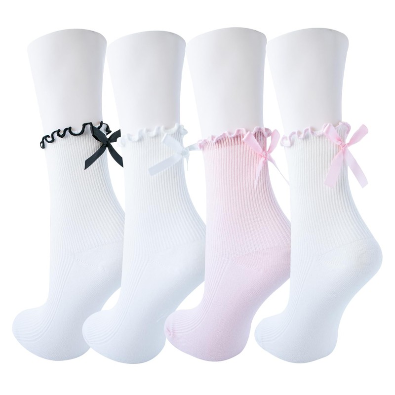 BonjourMrsMr Womens Bow Socks Ruffle Casual Crew Black Whitte Soft