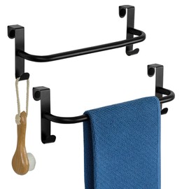 SAYAYO Over Door Towel Rail Black Hand Towel Holder with 2 Hooks for Cupboard Drawer Cabinet Kitchen Bathroom Heavy Duty, 2 Pack, 29CM