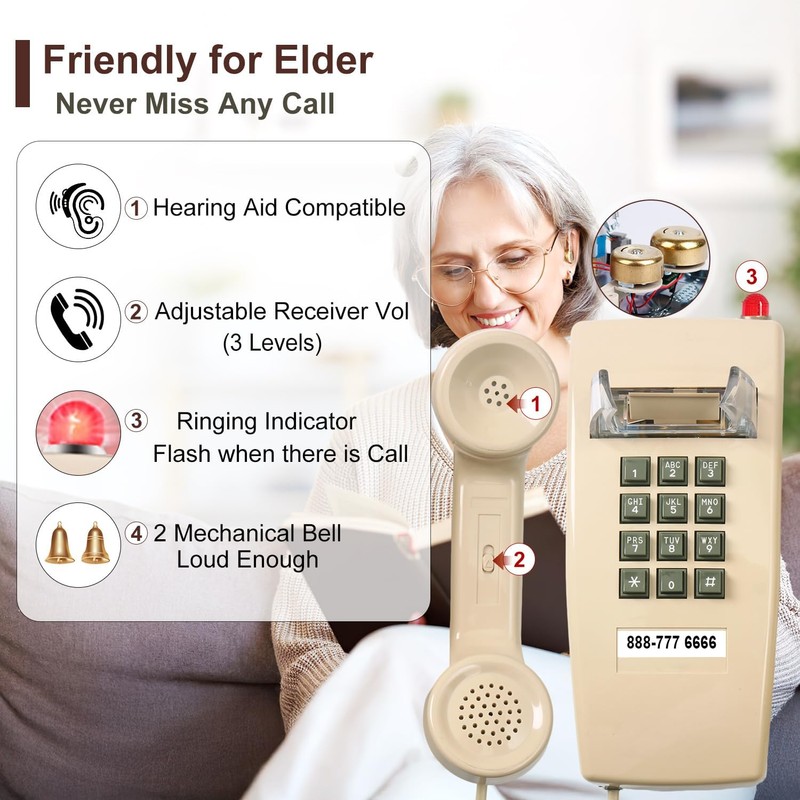 Traditional Wall Phone Metal Bell,Classic 2554 Wall Telephone (Hearing Aid