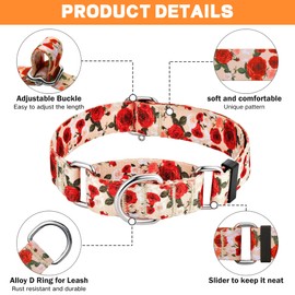 Hikiko Martingale Collar for Dogs with No Buckle Female Designer Floral Dog Collar Nylon No Pull Dog Collars for Medium Dogs,Red Rose,M