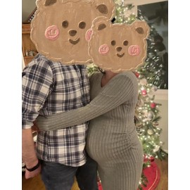 LAHILO V-Neck Maternity Sweater Dress, Fall Maternity Dress, Long Sleeve Side Ruch Knit Ribbed Maternity Bodycon Dress Light Gray