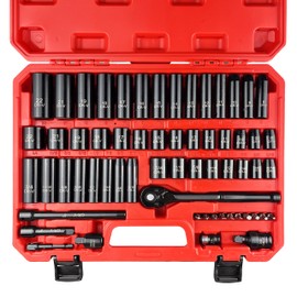 61pcs 3/8" Socket Set, Drive Deep Impact Socket Set, Including 3 ", 6" Impact Extension Bar, Standard SAE (5/16 to 3/4”) and Metric (8mm-22mm), Sandblasting,Impact Coupler,RatchetHandle,Cr-V Steel