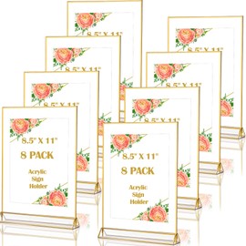 Handepo 8 Pcs Acrylic Sign Holder 8.5x11 Gold Frames Double Sided Acrylic Vertical Picture Table Menu Number Flyer Sign Holder Display Stand for Photos Wedding Table Number