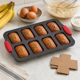 Mini Loaf Baking Pans, 2 Pack 8-Cavity Carbon Steel Banana Bread Pan and 100 Parchment Liners, Nonstick Mini Loaf Pan for Baking Bread, Cornbread, Brownies