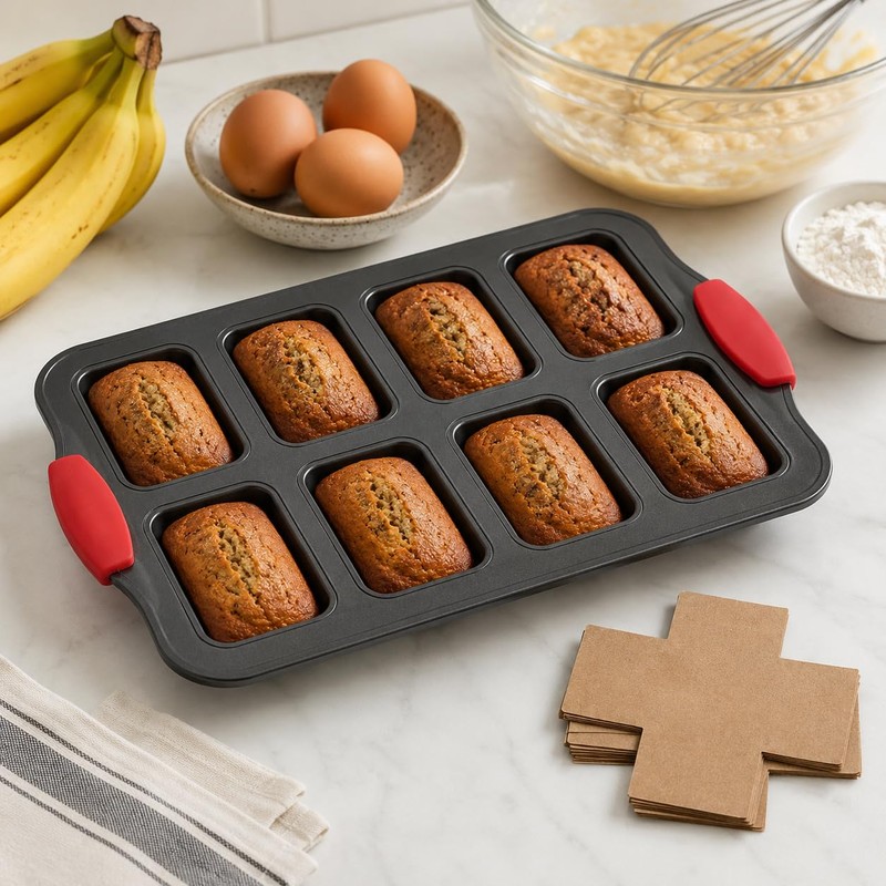 Mini Loaf Baking Pans, 2 Pack 8-Cavity Carbon Steel Banana