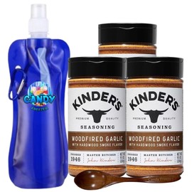 Kinder’s Premium Blend Seasoning – Three (3) 9.5 oz Bottles – All-Purpose Rub for Grilling, Cooking & Roasting – No MSG, Gluten-Free, Non-GMO – Includes Collapsible Bottle & Wooden Spoon (Total 28.5 oz) ( Woodfired Garlic with Hardwood Smoke Flavor )