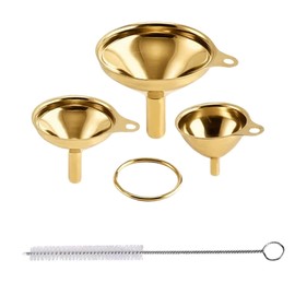 Gold Stainless Steel Funnels for Kitchen Use, Large Tiny Small Funnel Set of 3 with 2Pcs Cleaning Brush Set for Filling Bottles Oil Liquor Water Spice (Gold)