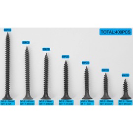 IEUYO Kit surtido de tornillos para madera de yeso con cabeza plana Phillips Drive acabado de óxido negro para madera de yeso (#6) M3.5x16/20/25/30/35/40/50, 400 piezas/7tamaños