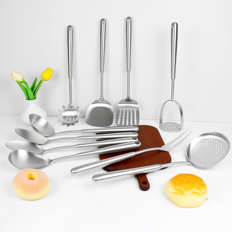 304 Stainless Steel Cooking Utensils Set, 10pcs Long Metal Kitchen
