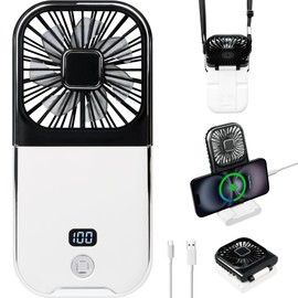 YIYEDWQ Portable Rechargeable Fan with Digital Display, 4 Speeds, 3000mAh Battery,180° Foldable with Lanyard, 5 in 1 Handheld/Neck/Desk/Ultra Quiet Fan for Outdoor Indoor (Black & White)