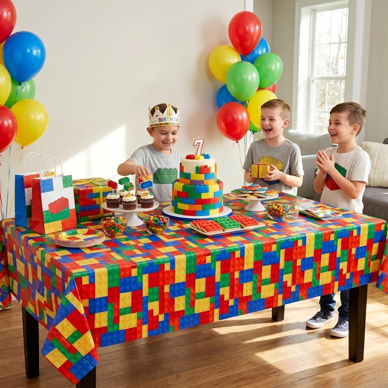 BEISHIDA 2 Pcs Building Blocks Party Tablecloth,Colorful Blocks Bricks Table