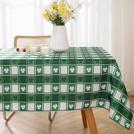 St Patrick's Day Shamrock Rectangle Tablecloth, 60x120 Inches, Using Green Washable Soft Wrinkle Free Polyester, Checkered Fabric Spillproof Textured Table Cloth for Indoor & Outdoor Daily Use