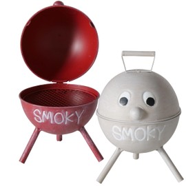 WHW Whole House Worlds Big Mouth Smokey Ashtray, Lidded Dome with Pedestal Base, Lift Up Visor, BBQ Grill Party Style, Gray Distressed Lacquered Iron, 6 Inches Tall