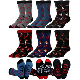 Haysandy 6 Pairs Funny Chili Socks for Men Novelty Cotton Crew Socks with Hot Pepper Designs Sayings Gift Set for Husband