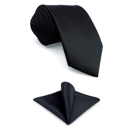 S&W SHLAX&WING Men Tie Wedding Necktie and Cufflinks Black Silk Solid Classic Size 57.5" with Pocket Square