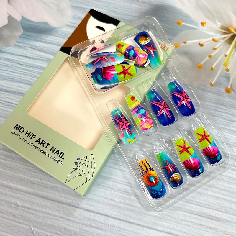 Shell Starfish Press on Nails Long Colorful Shell Pattern Design