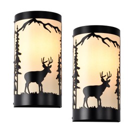 Sunnyin Wall Sconces Set of Two,Deer Cream White Parchment Rustic Wall Sconces,Farmhouse Black Sconce Light,Industrial Metal Indoor Wall Lamps for Bedroom,Living Room,Hallway(Hardwired Only)