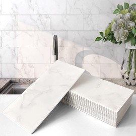 VAOVI Tiles Wall Kitchen Tile Seal, Marble-like Sheet, Heat Resistant, Tarpaulin Toilet, Entrance, Washroom, 3.8 x 7.8 inches (98 x 198 mm), 23 Pieces, Carrara White