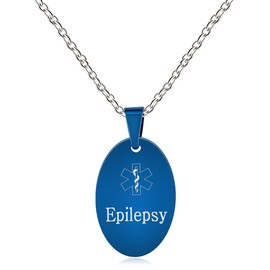 Mayfaith Blue Oval Stainless Steel Medical ID Necklace with Medical Emblem Serpent Symbol, Carving Epilepsy Emergency Identity Necklace for Men and Women (Epilepsy)