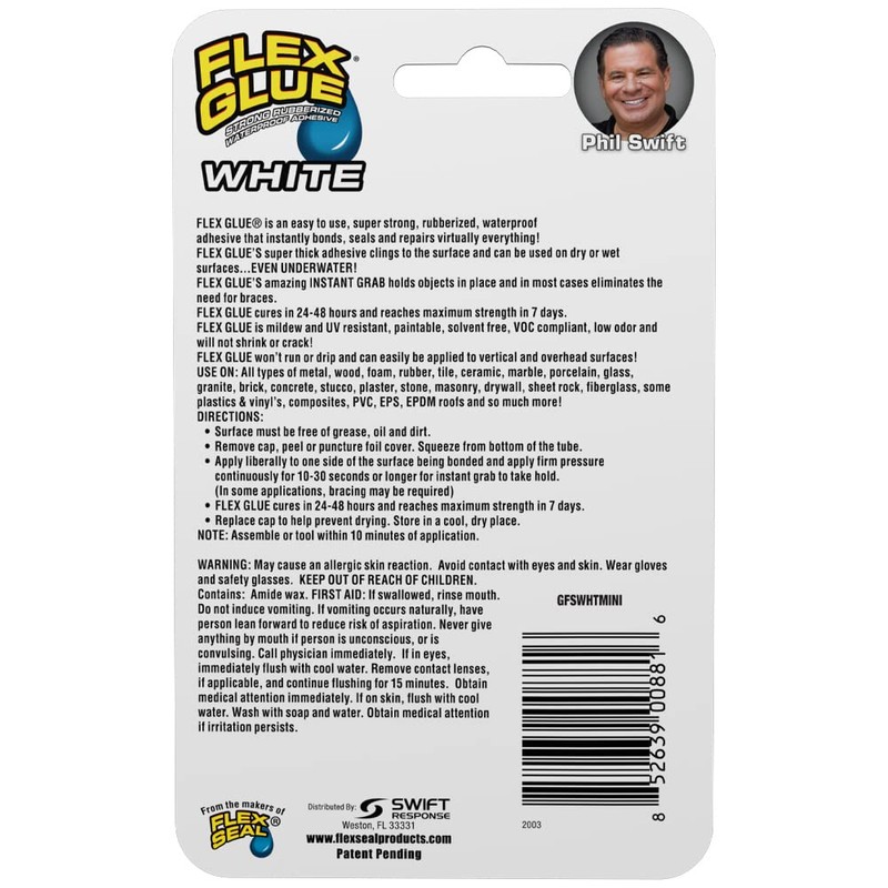 Flex Glue, Mini, White, 3-Pack, Super Strong, Rubberized Waterproof Adhesive,