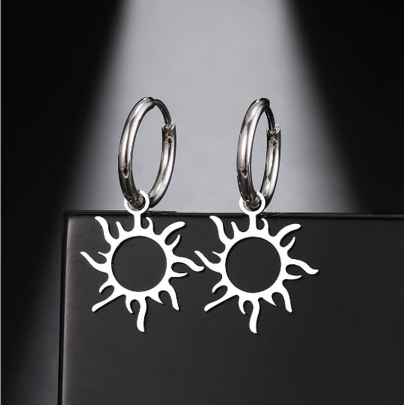 Sun Pendant Hoop Earrings for Women Stainless Steel Sun Dangle