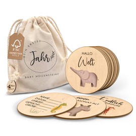Wooden milestone cards baby printed with coloured animals - 30 milestones on elegant wooden discs as a gift for birth/baby shower for pregnant women, expectant mothers, expectant parents.