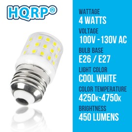 HQRP E26 E27 Refrigerator LED Light Bulb 4W (40W Equivalent) AC 100-130V, Cool White 4250k-4750k, 450lm, Replacement for 5304511738 KEI D34L Light Bulbs Compatible with Frigidaire Fridge Freezer