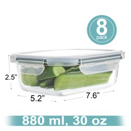 HOMBERKING 30oz 8 Pack Glass Meal Prep Containers with Lids, Food Storage Airtight Bento Boxes with Leak Proof Locking for Microwave, Oven, Freezer and Dishwasher (8 lids & 8 Containers)