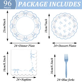 96PCS Blue Bow Baby Shower Decorations Blue Scalloped Paper Plates Napkins Bow Themed Tableware Party Supplies Bowknot Birthday Dinnerware for Bachelorette Engagement Baby Bridal Shower Decor