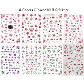 8 Sheets Flower Nail Stickers Spring Nail Art Decals 3D Self-Adhesive Pink Colorful Blossom Floral Leaf Nail Designs Nail Stickers for Women Girls Kids DIY Nail Decoration Nail Supplies Accessories