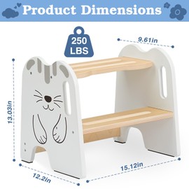 Wooden Step Stool - Two Step Stools Toddler 250 lbs Capacity with Safety Non-Slip Pads - Potty Training Stool for Bathroom Sink, Bedroom, Kitchen Dual Height Step Stools for Kids(Cat|White)