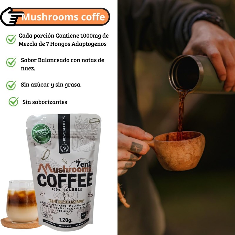 Café soluble con 7 hongos adaptógenos Reishi, Melena de León,