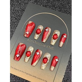 Handmade Press on Nails Medium Length MouyouGlow, Ballerina Red Silver Chrome Cat Eye Magnetic Crystal Y2K Coquette Resuable Fake Nails, Handmade Artificial Fingernails, Pack of 10 (91-S Size)