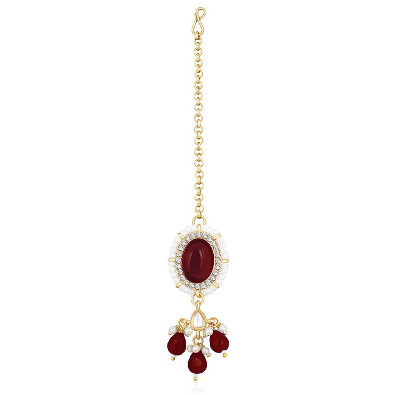 Aheli Gold Plated Maroon Synthetic Stone & Beads Studded Necklace