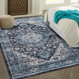 6x9 Area Rugs for Living Room,Non Slip Washable Vintage Rug Boho Rugs Large Blue Area Rug Indoor Stain Proof Non-Shedding Carpet for Entryway Living Room Bedroom Kitchen(Blue)