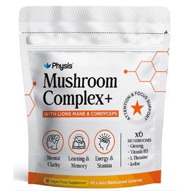 Physis Mushroom Gummies Complex+ | Lions Mane Supplement with Cordyceps & Nootropics | High Strength | 60 x Juicy Blackcurrant Chewables | 1 Month Supply | Neuro-Support | Focus & Attention