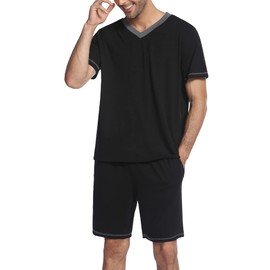 Ekouaer Mens Pajama Set Short Sleeve V Neck 2 Piece Nightwear Shorts With Pockets Summer Sleepwear PJS for Men Black XL