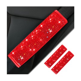 Norkmdi Bling Car Seat Belt Cover, 2PCS Crystal Rhinestone Vehicle Seat Belt Strap Shoulder Cushion Pad for Women, Diamond Automotive Interior Decor Accessories, Universal for Most Cars (Red)