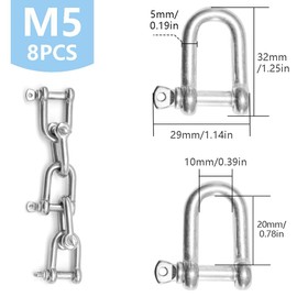 Hocansen Pack of 8 D Ring Shackle Locks M5 Stainless Steel Screw Shackle Carabiner with Eye Bolt for Rigging Steel Cable (DXK/M5)